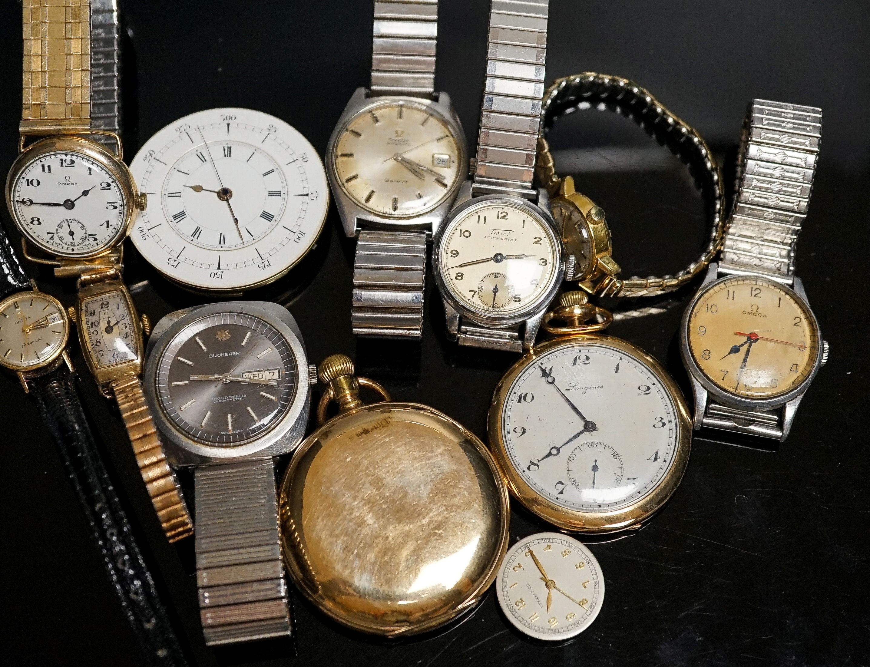 A group of assorted steel or gold plated wrist and pocket watches including six Omega (one military) and one Bucherer watch.